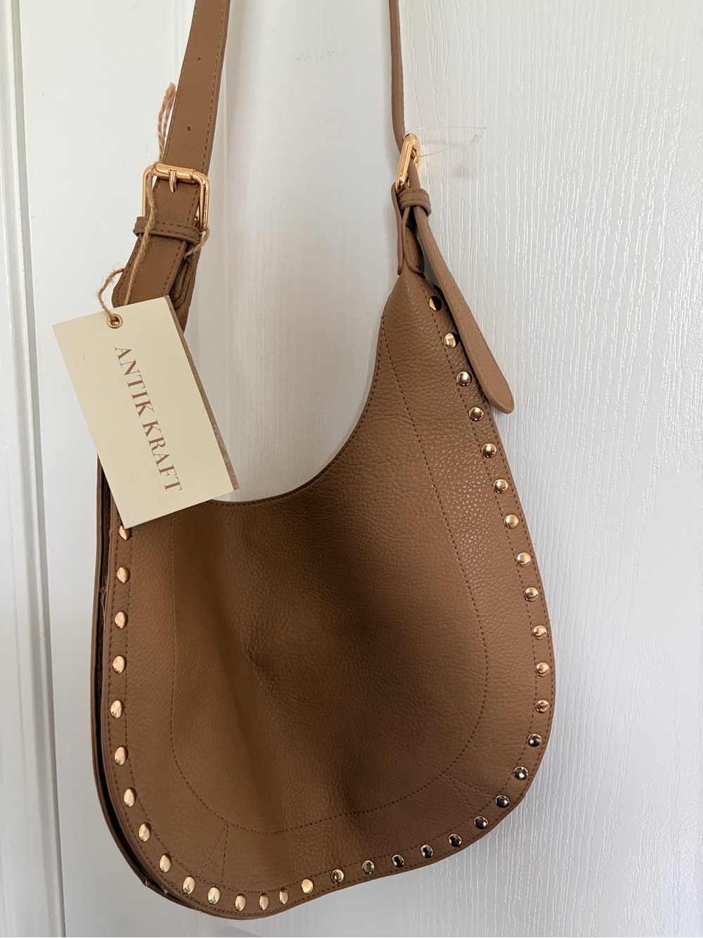 Antik Kraft Tan Pebbled Leather Studded Shoulder Bag